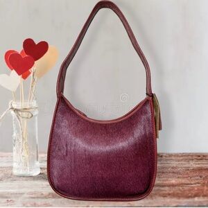 New Margot Hobo Crescent Zip Shoulder Bag in Wine Color Leather and Calf Hair